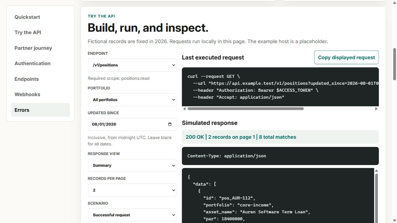 API portal with request settings and a simulated response