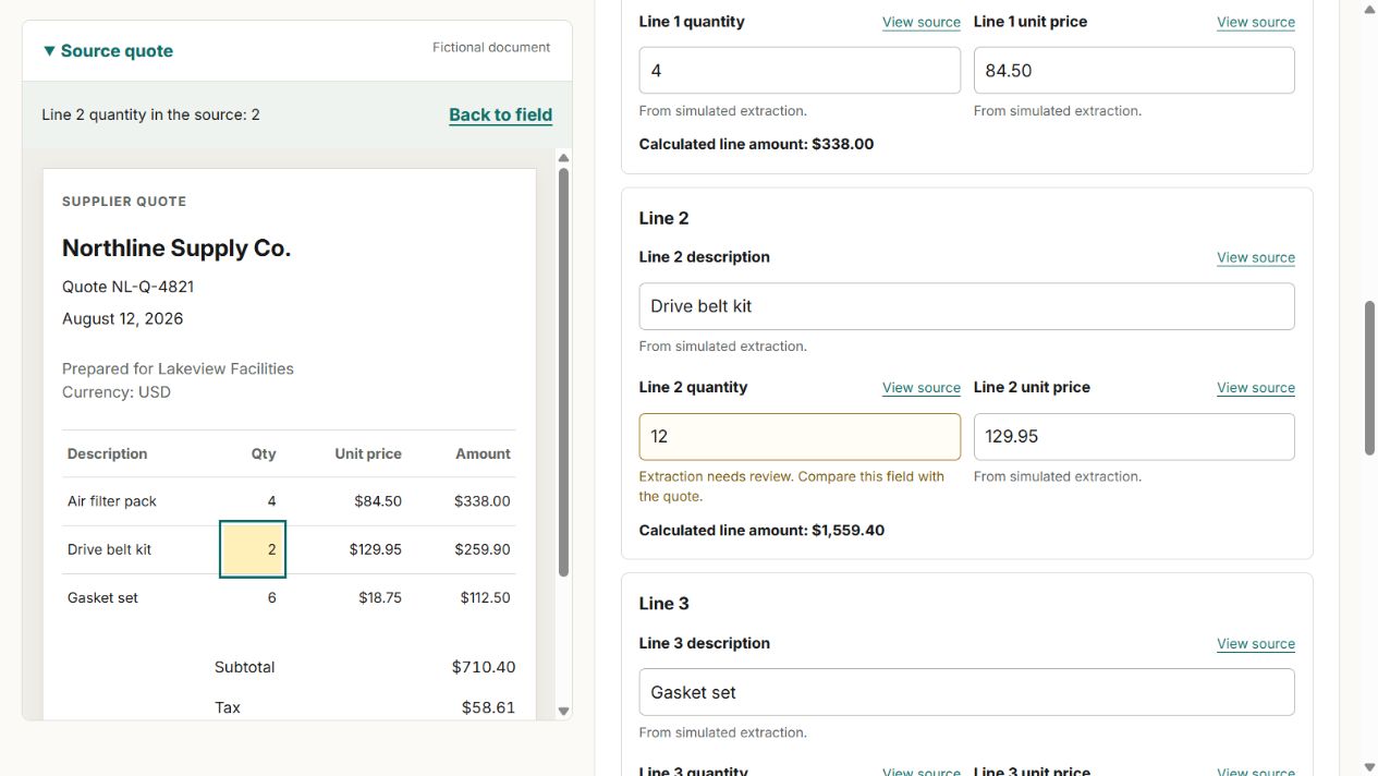 Purchase-order review with the source quote and extracted fields